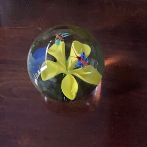 Glass Paperweight with Yellow Flower and Blue Butterfly Vintage Solid Glass